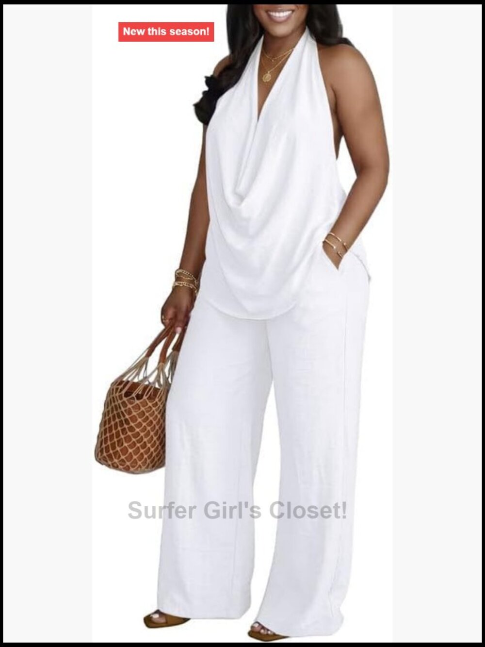 Women's 2 Piece Pant Set Halter Top Wide Leg Pants Sleeveless Backless Pockets